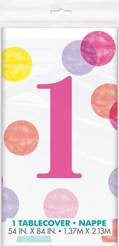 UNIQUE Ubrus plastový - 1. narozeniny růžové puntíky, 137 x 213 cm