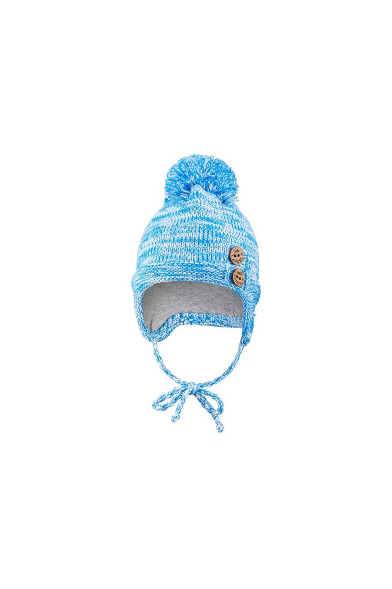 Little Angel(DITA) Čepice pletená zavazovací bambule a knoflíky Outlast ® - modrá melír