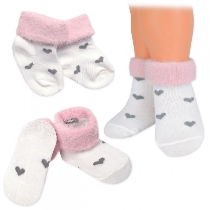 Baby Nellys Bavlněné dětské ponožky s chlupáčkovým lemem, Srdíčka - bílé, 1 pár
