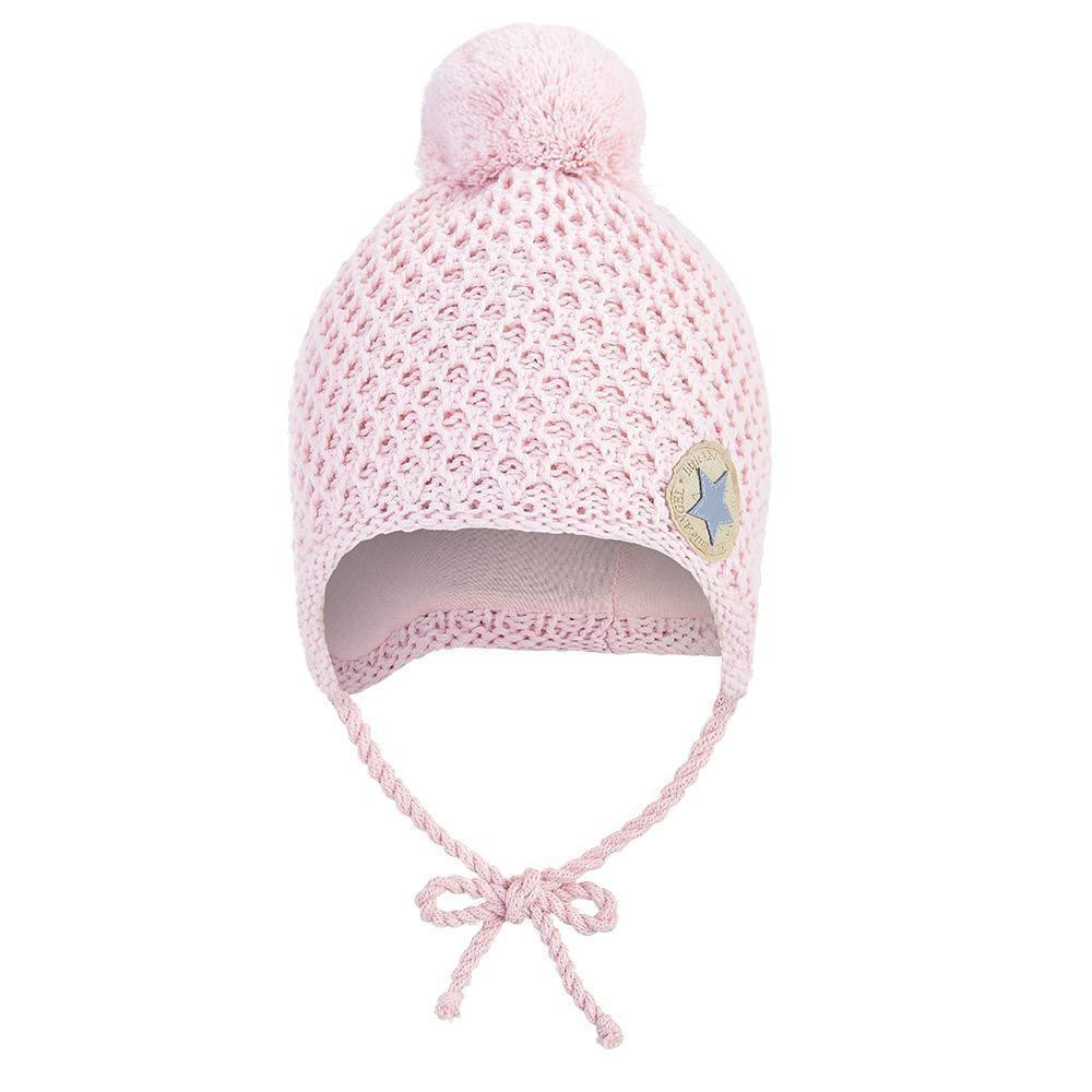 Little Angel (DITA) Čepice pletená zavazovací drobný vzor bambule Outlast® Sv. růžová