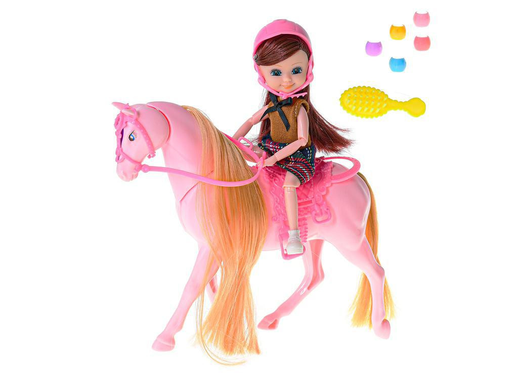 Panenka jezdkyně 16 cm s koněm a doplňky