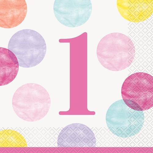 UNIQUE Papírové ubrousky - 1. narozeniny růžové puntíky, 16 ks