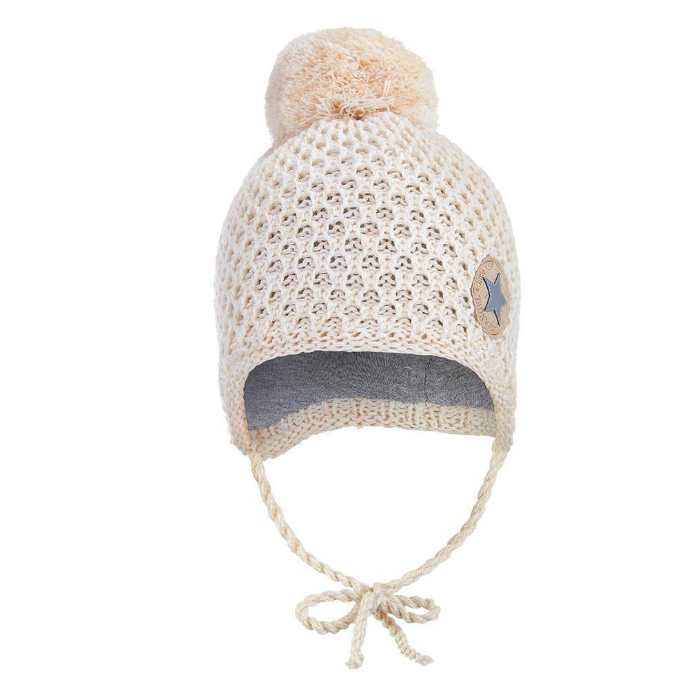 Little Angel (DITA) Čepice pletená zavazovací drobný vzor bambule Outlast® Natur melír