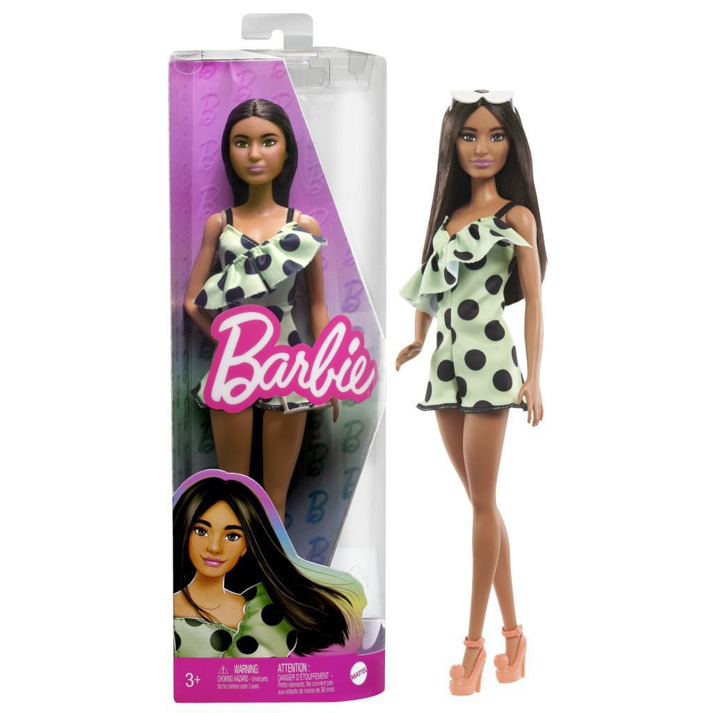 Mattel Barbie modelka - limetkové šaty s puntíky