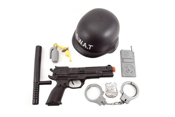 Teddies Sada policie SWAT helma+pistole na setrvačník s doplňky