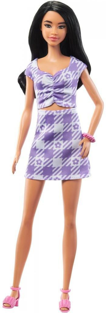 Barbie Modelka - fialkové kostkované šaty