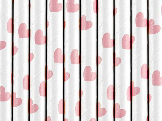 Party Deco Papírová brčka - bílá s růžovými srdíčky 10 ks