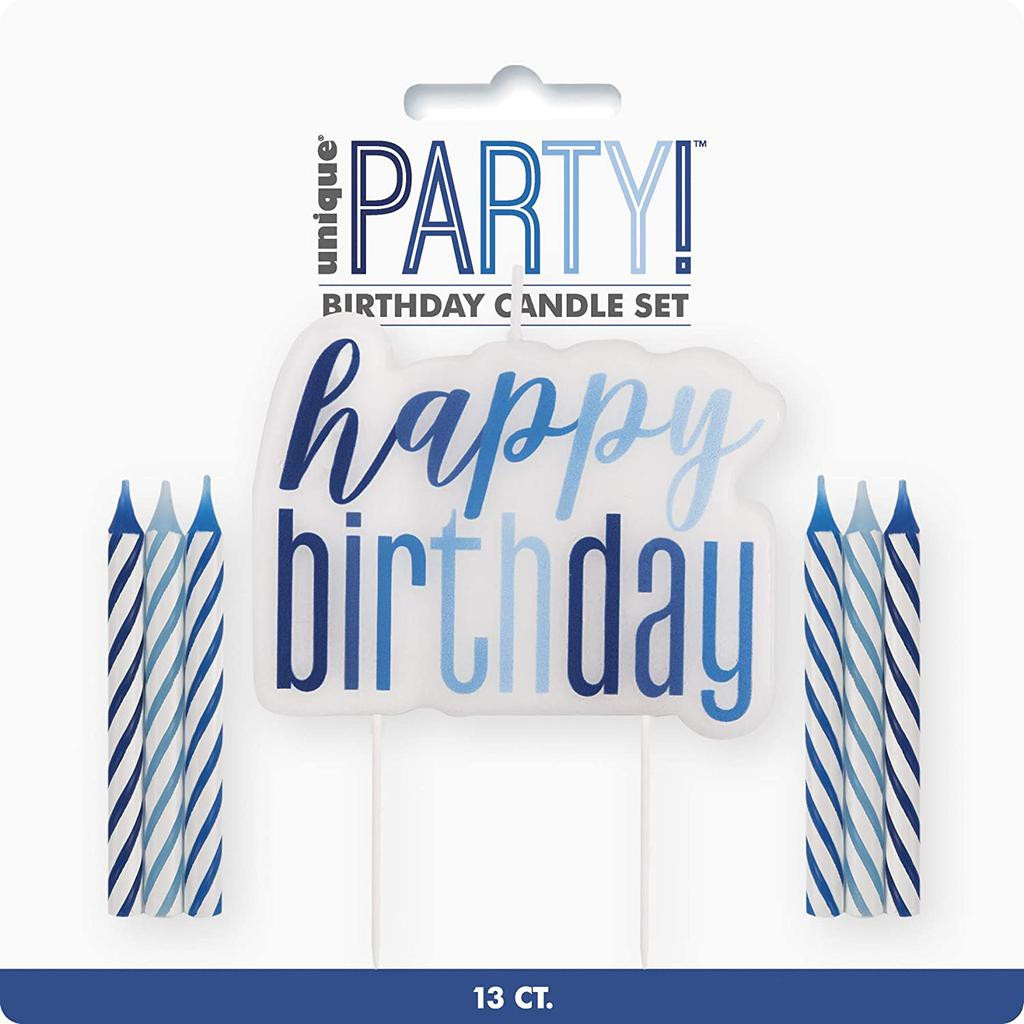 UNIQUE Set svíček - modré dortové Happy birthday! 13 ks