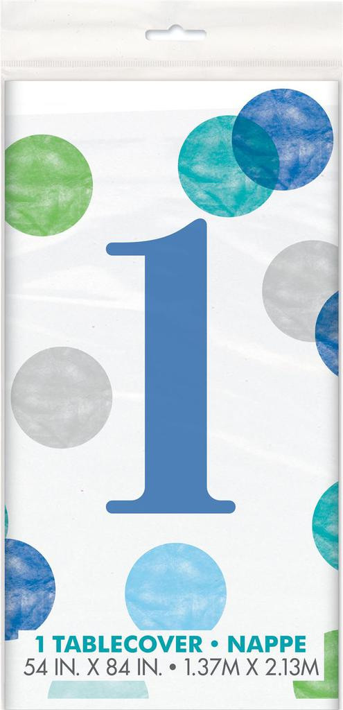 UNIQUE Ubrus plastový - 1. narozeniny modré puntíky, 137 x 213 cm
