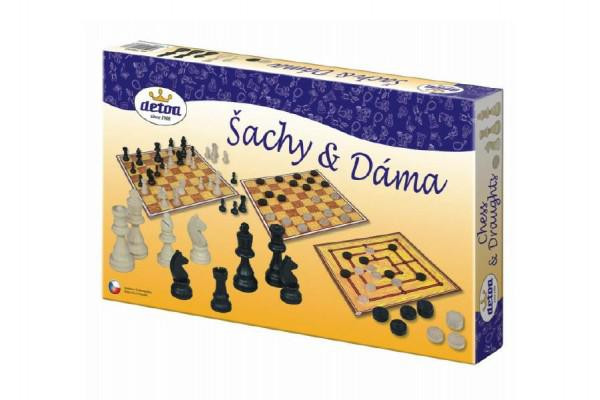 Detoa Šachy a dáma dřevěné figurky a kameny společenská hra