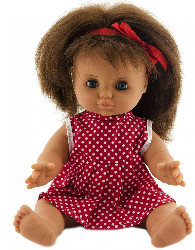 Česká výroba Panenka miminko holčička 30 cm pevné tělíčko červené šatičky s puntíky