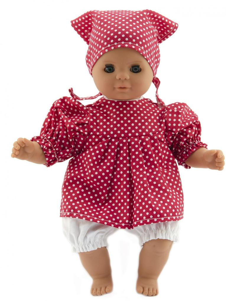 Česká výroba Panenka miminko holčička 30 cm měkké tělíčko červené šatičky s bílým puntíkem + šátek