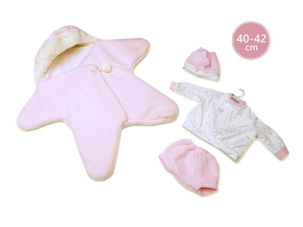 Llorens Obleček pro panenku miminko New Born velikosti 40-42 cm 3dílný růžový s overalem