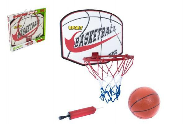 Teddies Basketbalový koš dřevo/kov/síťka/míč s pumpičkou v krabici 49x42x4cm