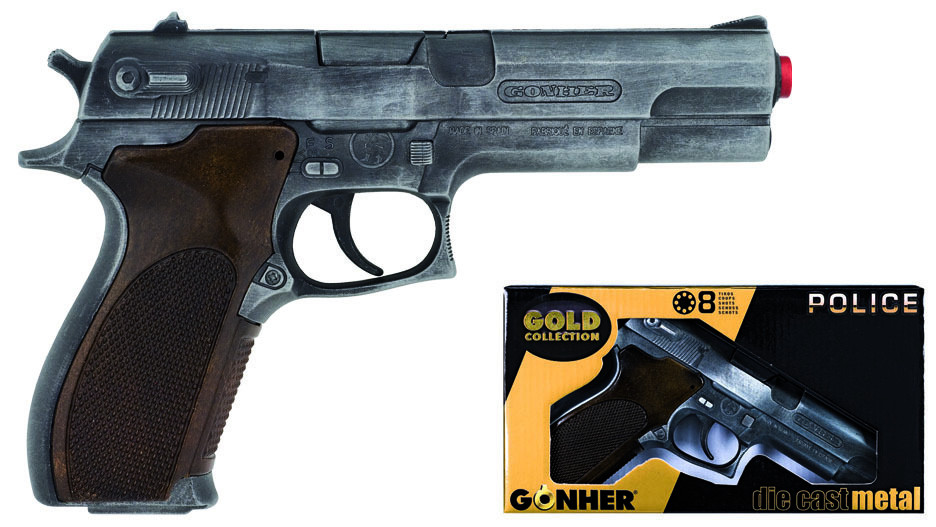 Gonher Policení pistole Gold colection stříbrná kovová 8 ran