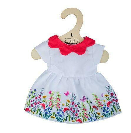 Bigjigs Toys Bílé květinové šaty s červeným límečkem pro panenku