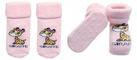 Baby Nellys Kojenecké froté ponožky s ABS Giraffe, Baby Nellys, růžové