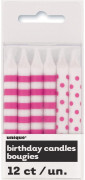 Svíčky dortové - růžové puntíky a proužky, 12 ks