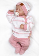 Pletená sada pro miminko s jemným proužkem 3dílná lux růžová - bílá Baby Nellys