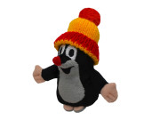 Krtek 10 cm prstový maňásek s kulichem červeno-žlutý