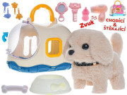 Pejsek plyšový 19 cm na baterie chodící a štěkající v přepravce