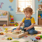 Dřevěná Montessori manipulační tabule pro děti LED senzorická s volantem auta