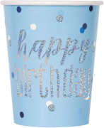 Papírové  kelímky - Happy birthday - modré s tečkami, 8 ks