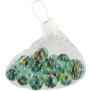 Kuličky cvrnkací skleněné různé velikosti v síťce 