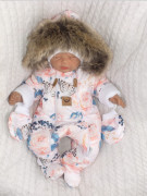 Zimní kombinéza s dvojitým zipem, kapucí a kožešinou + rukavičky Angel růžičky Z&Z