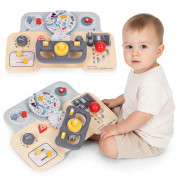 Montessori manipulační deska pro děti – dřevěný panel s volantem a přepínači