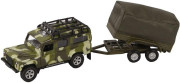 Auto Land Rover Defender Military přívěsem a plachtou 