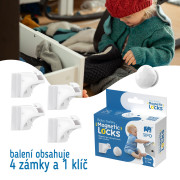Magnetické zámky bílé na skříně a zásuvky sada 4 ks + 1x magnetický klíč Sipo
