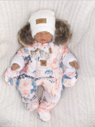 Zimní kombinéza s dvojitým zipem, kapucí a kožešinou + rukavičky Angel růžičky Z&Z