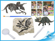 Dinosaurus 12 cm a zkamenělina v sádře s dlátem, lupou a štětcem