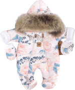 Zimní kombinéza s dvojitým zipem, kapucí a kožešinou + rukavičky Angel růžičky Z&Z