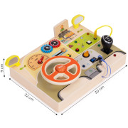 Dřevěná Montessori manipulační tabule pro děti LED senzorická s volantem auta