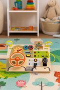 Dřevěná Montessori manipulační tabule pro děti LED senzorická s volantem auta