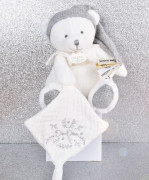 Dárková sada Plyšový medvídek s úchytem na dudlík a dečkou šedý 20 cm Doudou 