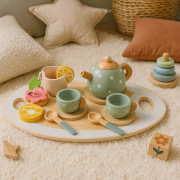 Dřevěná dětská čajová sada s konvicí a šálky, 14 dílů