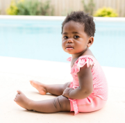 Plavky Happy Nappy kostýmek - Pink Dotty s volánky