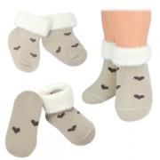 Bavlněné dětské ponožky s chlupáčkovým lemem, Srdíčka - capuccino, 1 pár