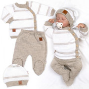 Pletená sada pro miminko s jemným proužkem 3dílná lux béžová - bílá Baby Nellys
