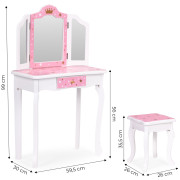 Velká dětská toaletka pro holčičky s trojitým zrcadlem, stoličkou a zásuvkou