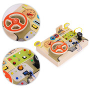 Dřevěná Montessori manipulační tabule pro děti LED senzorická s volantem auta