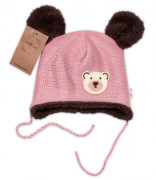 Pletená zimní čepice s kožíškem a šátkem Teddy Bear, Baby Nellys, růžová