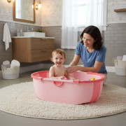 Dětská skládací cestovní vanička s odtokem růžová