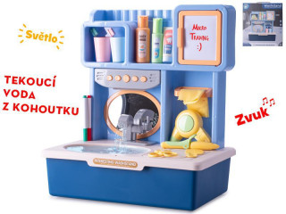 Umyvadlo modré na baterie s tekoucí vodou se světlem, zvukem a doplňky 35x23x40cm