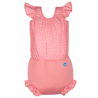 Plavky Happy Nappy kostýmek - Pink Dotty s volánky