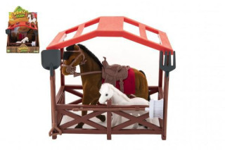 Kůň se sedlem s hříbětem a ohradou