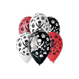 Balonky - kulatý s potiskem piráti, 6 ks - bílá červená, černá
